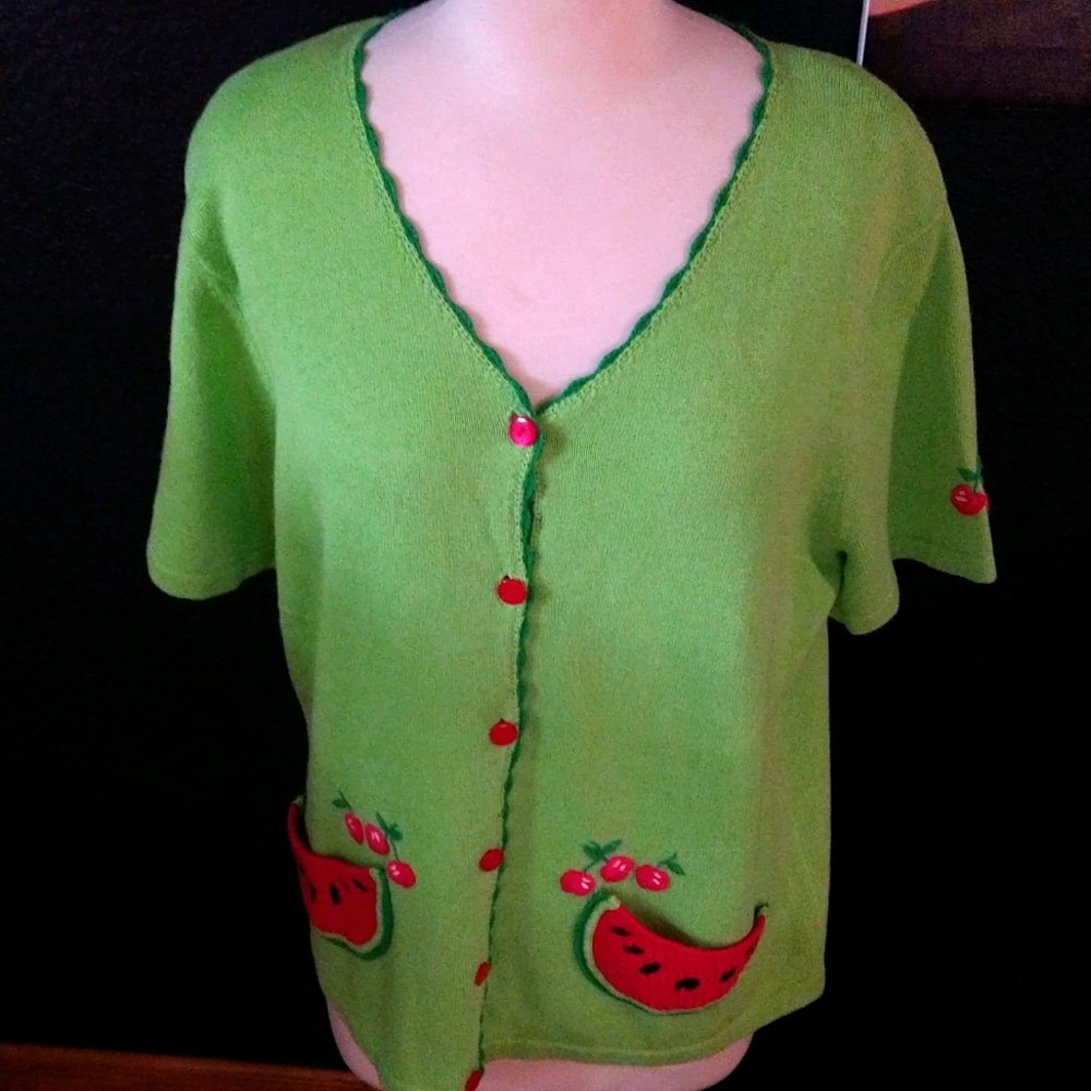 Vintage 90s Breckenridge Knit Short Sleeve Button Down Watermelon Fruit Blouse - Picture 2 of 6